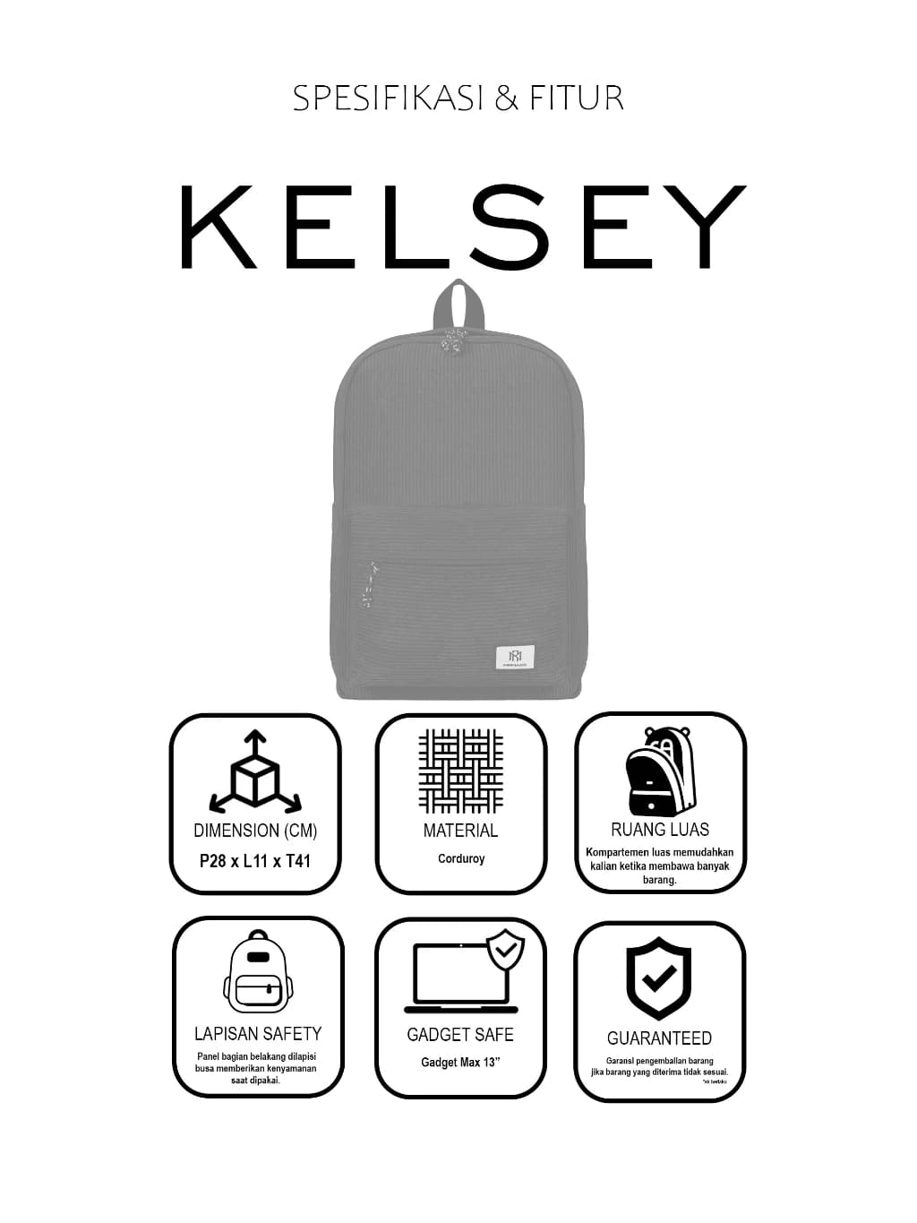 Mr Mads - Kelsey Tas Ransel Corduroy Backpack Unisex Pria Wanita Tas Ransel Sekolah