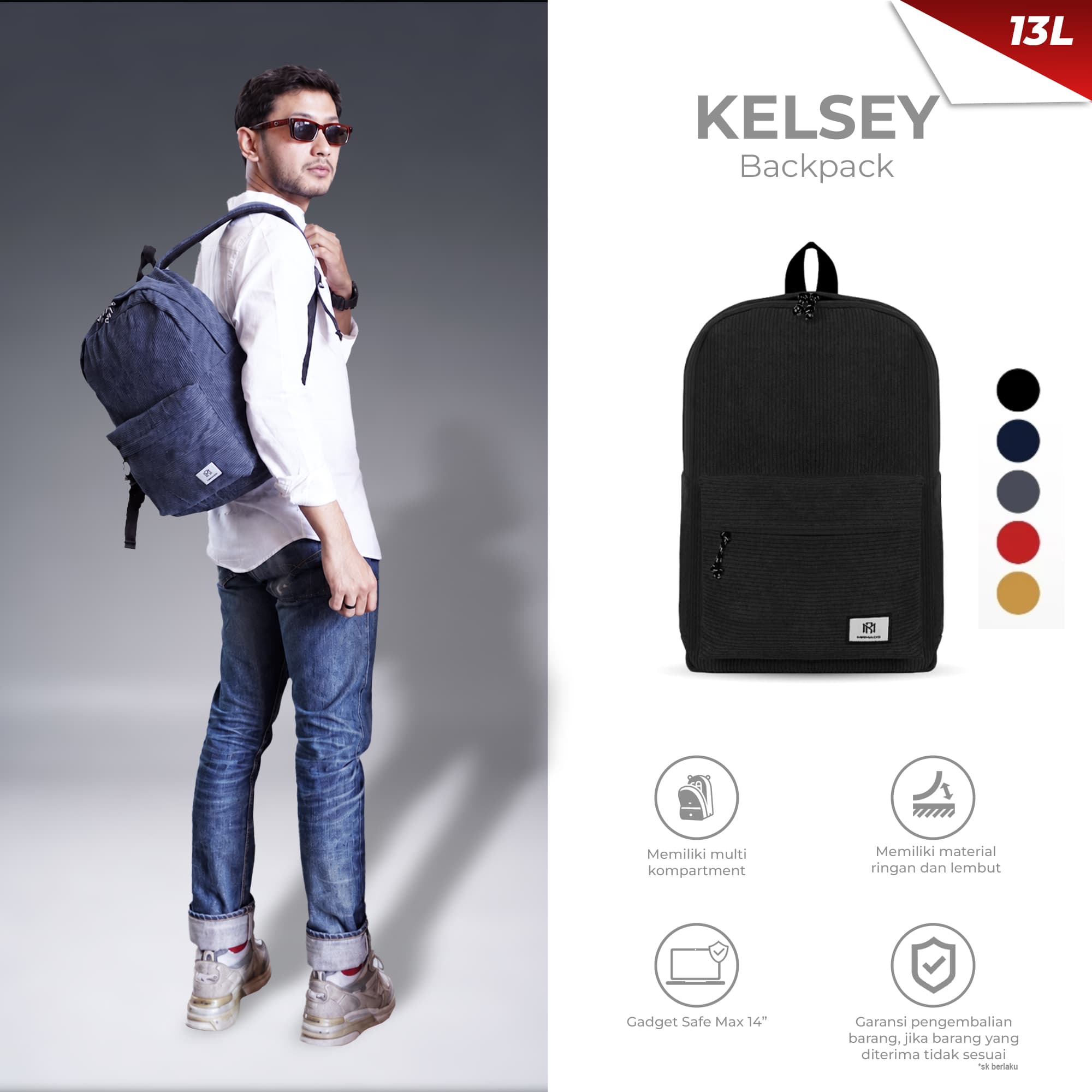 Mr Mads - Kelsey Tas Ransel Corduroy Backpack Unisex Pria Wanita Tas Ransel Sekolah
