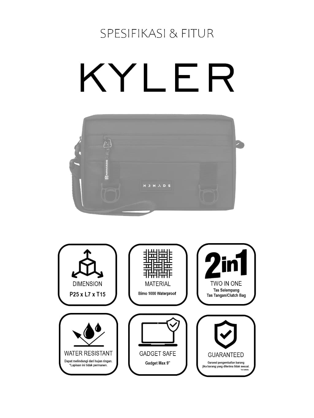 Mr Mads - Kyler Clutch Bag - Tas Selempang Handbag Pria Sling Bag Pouch Pria Wanita (Unisex) - Waterproof