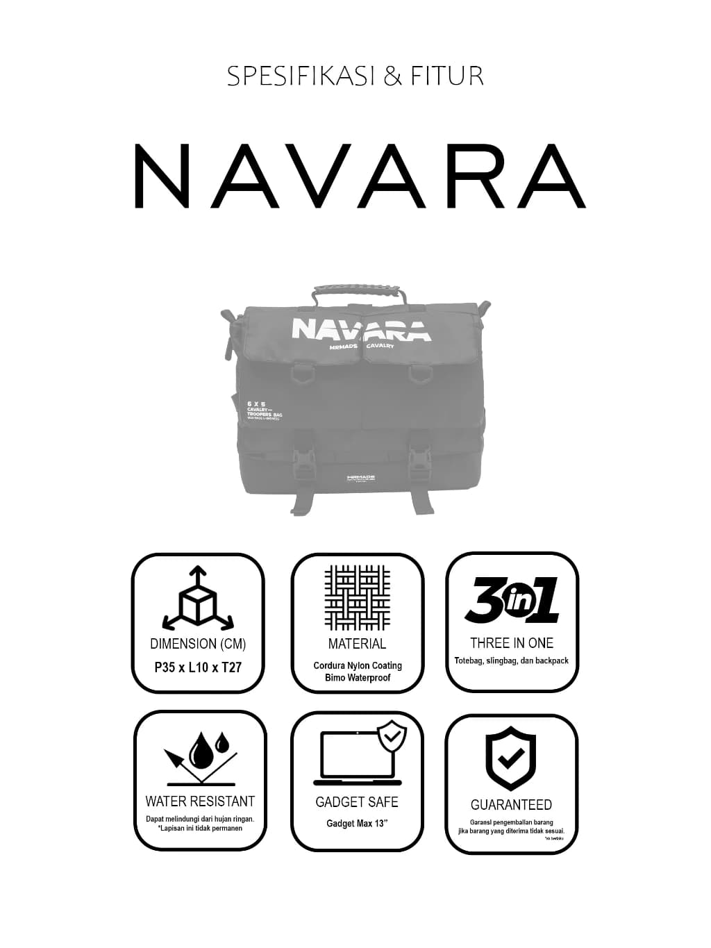 Mr Mads - Navara Tas Laptop 3 in 1 - Tas Jinjing - Tas Selempang Tas Ransel Tactical Bag Tote Bag Sling Bag Backpack - Multifungsi Anti Air Waterproof