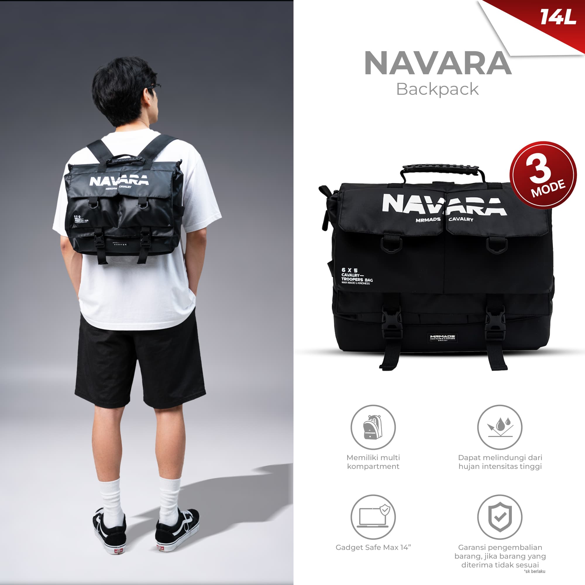Mr Mads - Navara Tas Laptop 3 in 1 - Tas Jinjing - Tas Selempang Tas Ransel Tactical Bag Tote Bag Sling Bag Backpack - Multifungsi Anti Air Waterproof