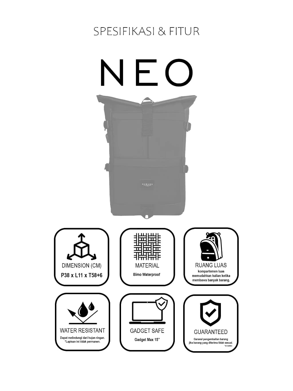 MR MADS - Tas Ransel Pria “NEO” Backpack - Tas punggung Pria - Tas Laptop - Ransel Waterproof