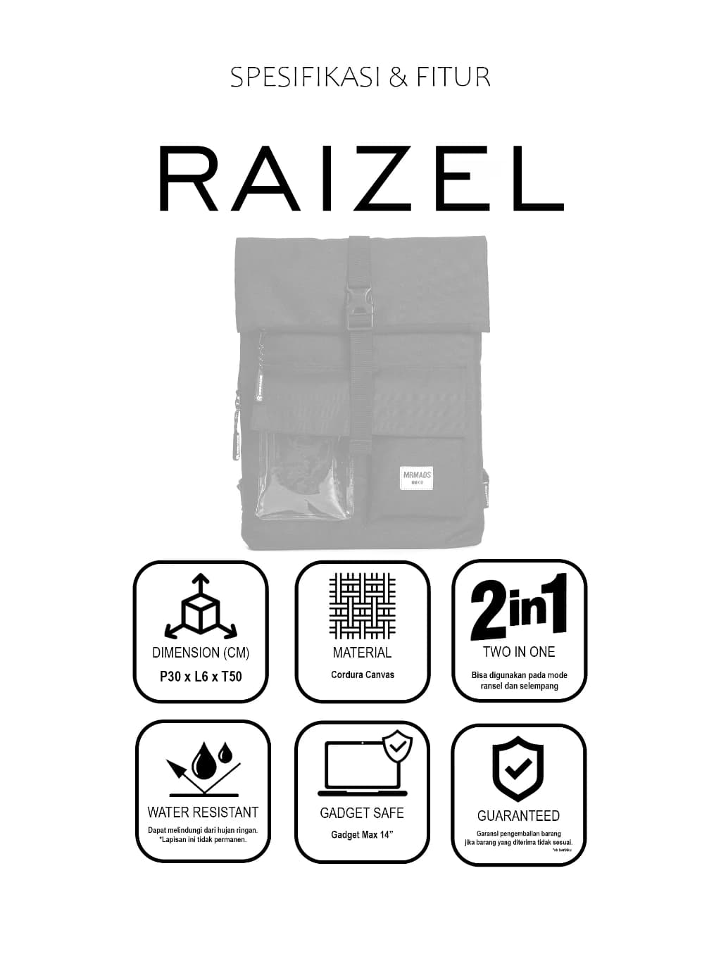 Mr Mads - Raizel  Backpack Totebag - Tas Ransel Pria Wanita Outdoor - Waterproof Slot Laptop Ready Multfungsi