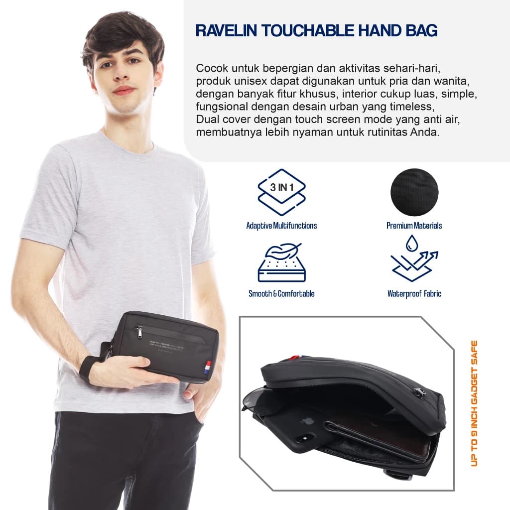 Mr Mads - Tas Hand Bag "RAVELIN" 3 in one - Clutch Bag Pria - Sling Bag Pria - Tas Selempang Pria Multifungsi