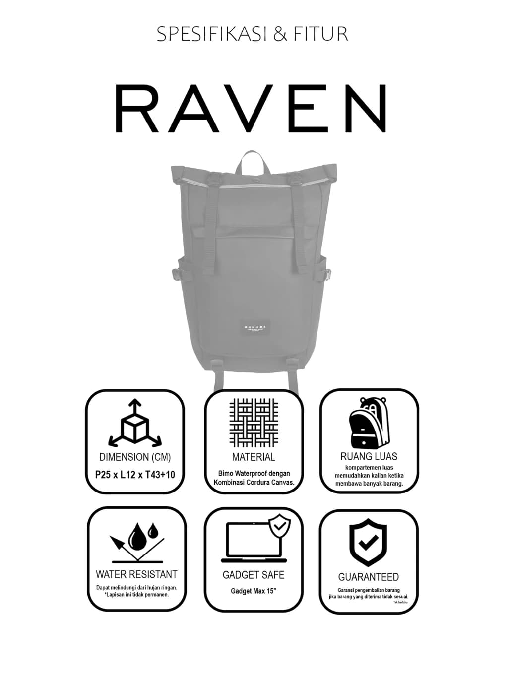 Mr Mads - Raven Backpack Pria - Tas Ransel Pria Wanita Tas Punggung Pria Outdoor Kapasitas Besar Tas laptop 15 Inch