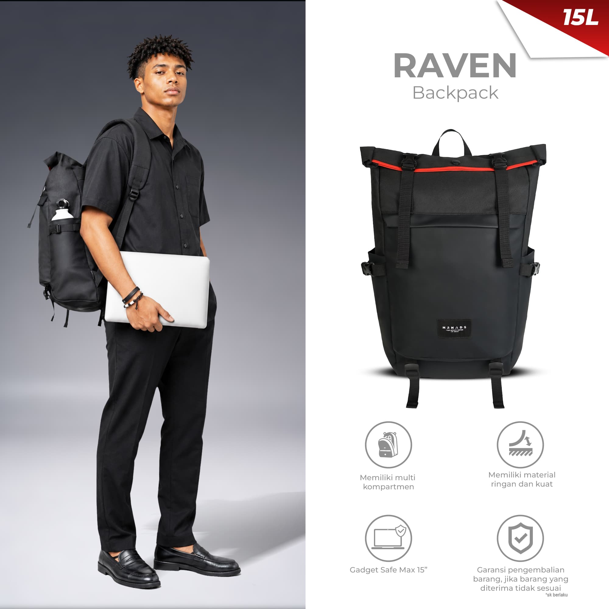 Mr Mads - Raven Backpack Pria - Tas Ransel Pria Wanita Tas Punggung Pria Outdoor Kapasitas Besar Tas laptop 15 Inch