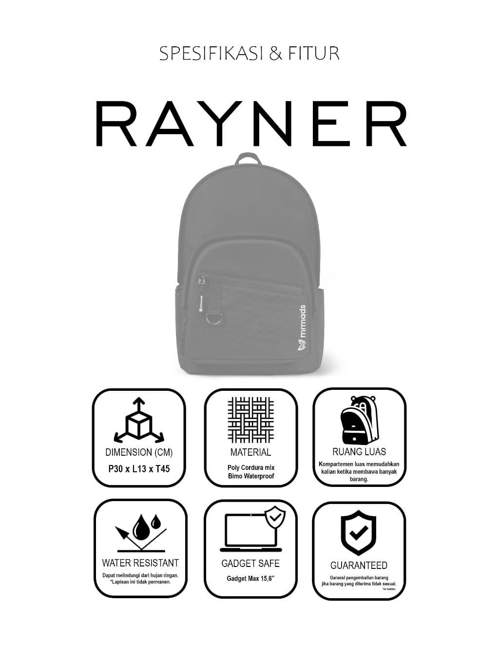 Mr Mads - Rayner Backpack Tas Ransel Laptop Pria Wanita Tas Punggung Perempuan Tas Sekolah Tas Kuliah Tas Laptop 14-16 inch Tas Kerja Cowok Terbaru