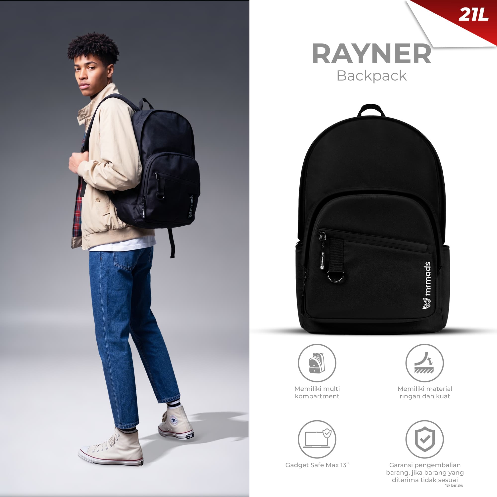 Mr Mads - Rayner Backpack Tas Ransel Laptop Pria Wanita Tas Punggung Perempuan Tas Sekolah Tas Kuliah Tas Laptop 14-16 inch Tas Kerja Cowok Terbaru