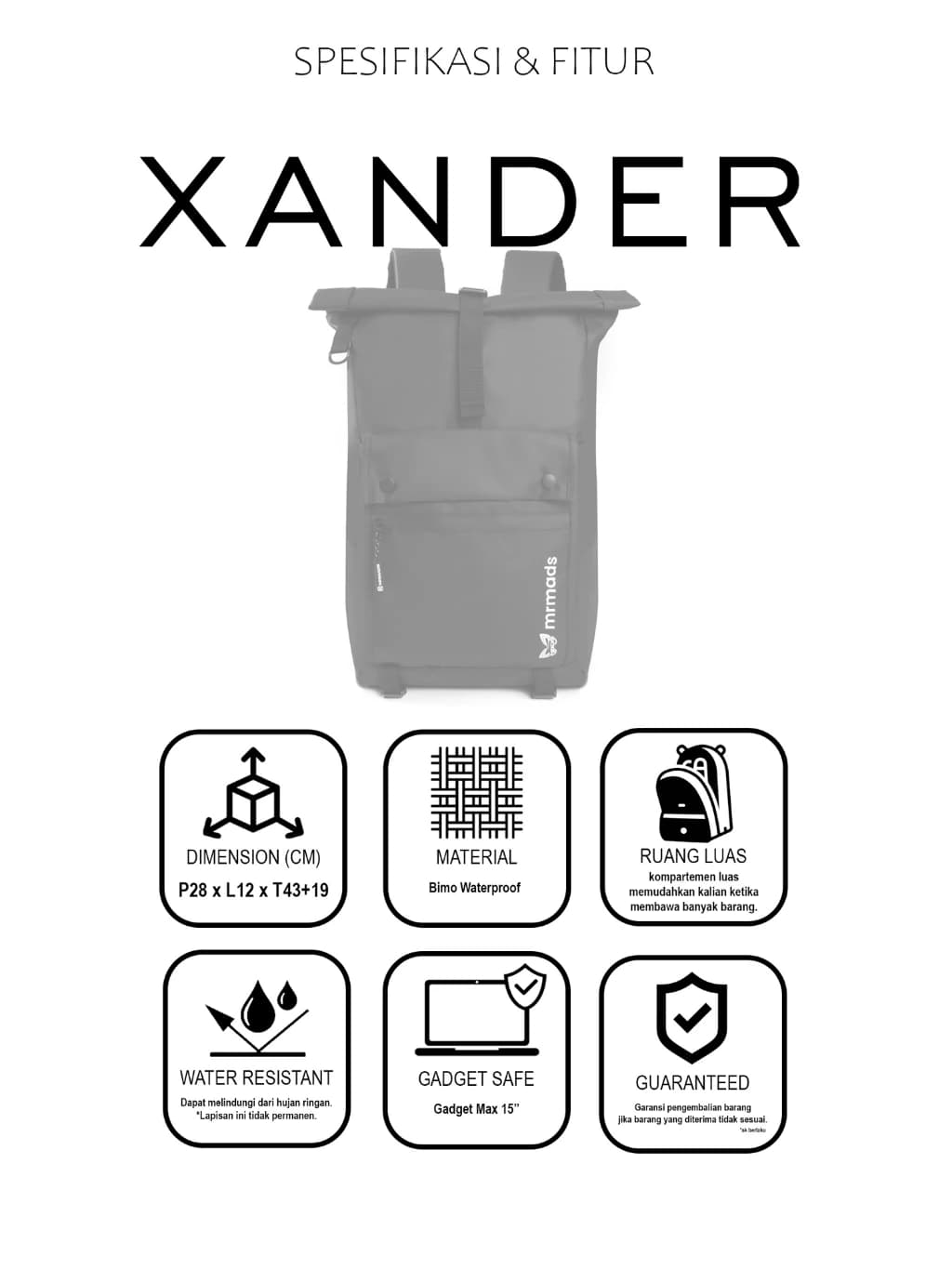 Mr Mads - Xander Tas Ransel Pria Waterproof Backpack Laptop Pria Tas Outdoor Tas Punggung Anti Air