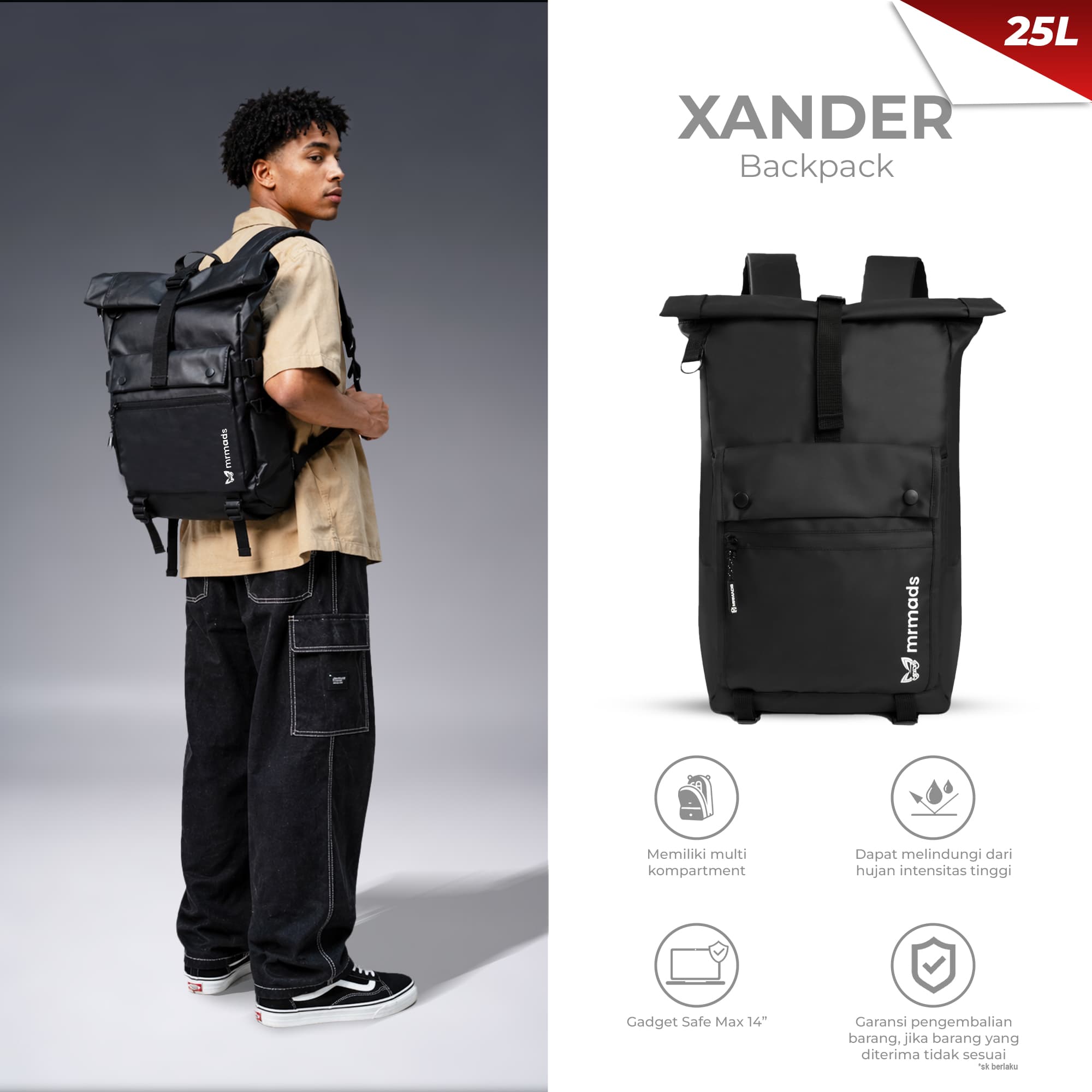 Mr Mads - Xander Tas Ransel Pria Waterproof Backpack Laptop Pria Tas Outdoor Tas Punggung Anti Air