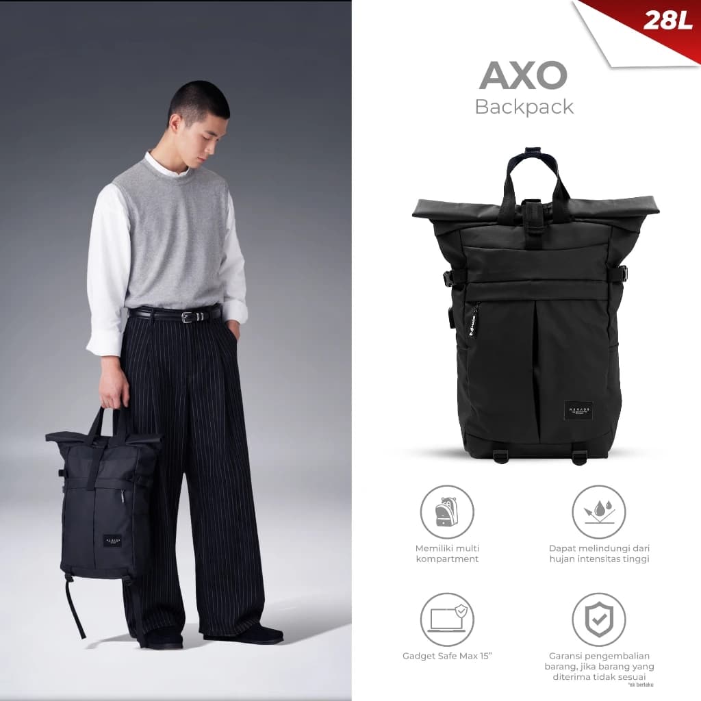 Mr Mads - Tas Ransel Pria - AXO Backpack - Tas Punggung Pria Kapasitas 26L + 2L Tas Laptop 15 inc - Waterproof