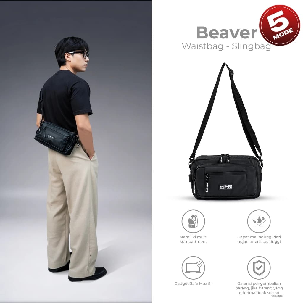 Mr Mads - Beaver Waist Bag - Tas Selempang Pria Tas Pinggang ShoulderBag SlingBag HandBag ChestBag (Bisa Dijadikan 5 Model) - Waterproof