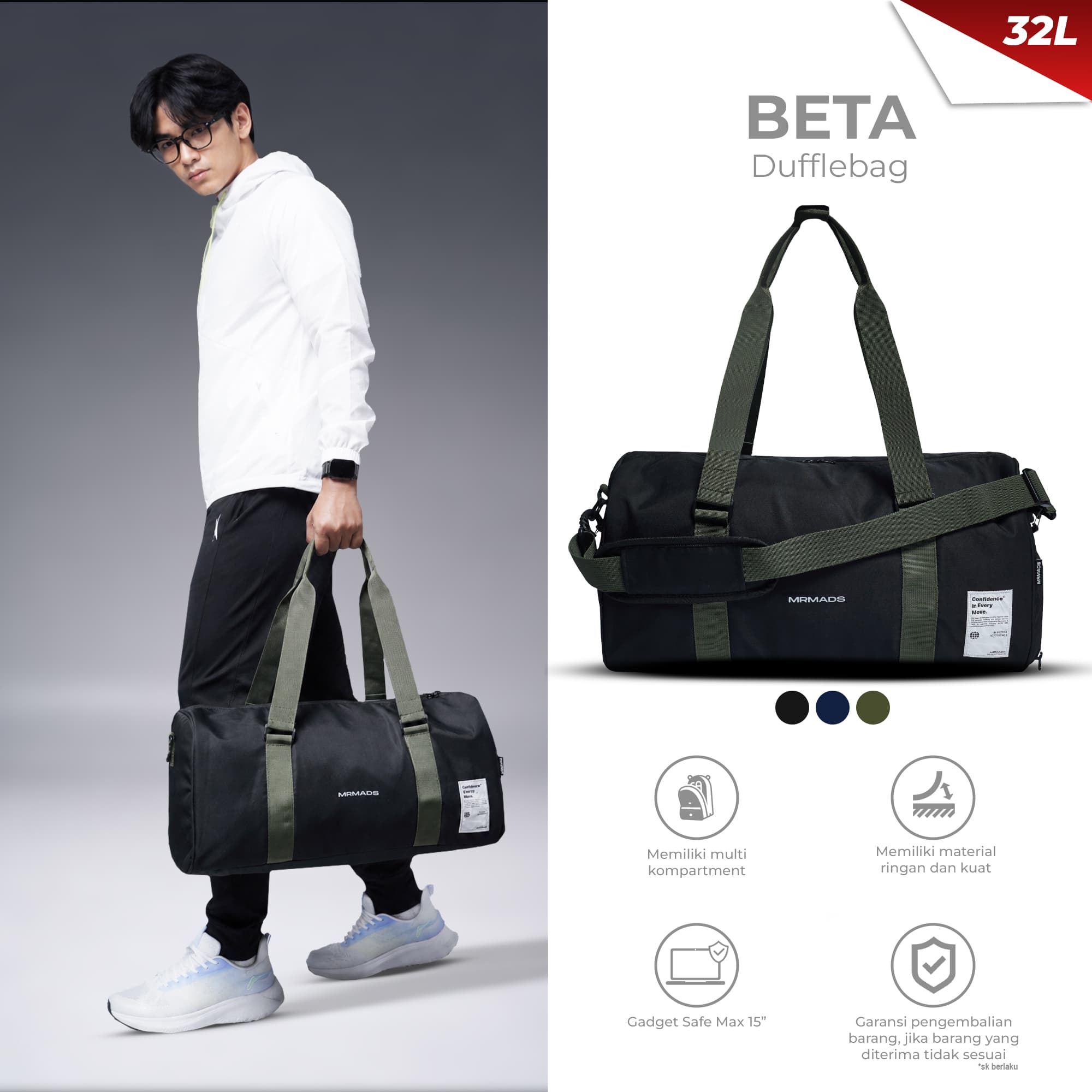 Mr Mads - Beta Duffle bag - Tas Pria Multifungsi Travel Olahraga Fitness Gym Kapasitas 32L