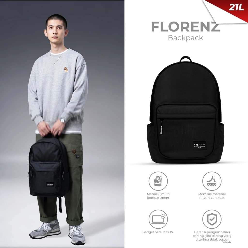 Mr Mads - Florenz Backpack Tas Ransel Laptop Pria Wanita Tas Punggung Perempuan Tas Sekolah Tas Kuliah Tas Leptop 14-16 inch Tas Kerja Cowok Terbaru